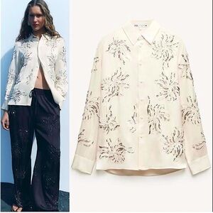 Zara ZW Collection Satin Beaded Button Down Collared Long Sleeve Blouse Ercu XS